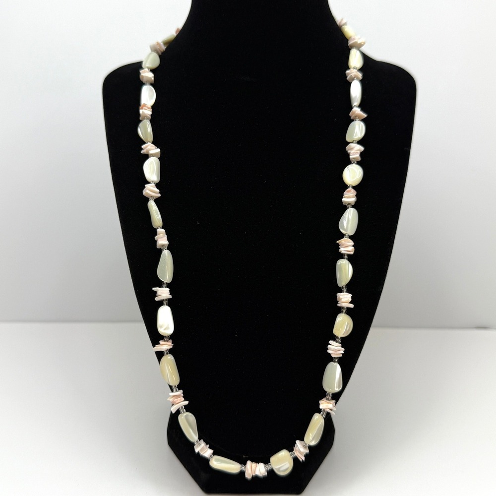 Mother of Pearl Bead Necklace Peach Chip Shell Accent Statement Jewelry 11.5 in